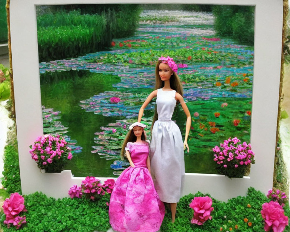 Miniature garden diorama with two dolls in watery setting amid lush greenery and pink flowers