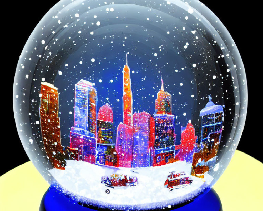 Vibrant cityscape snow globe with glowing halo on dark background