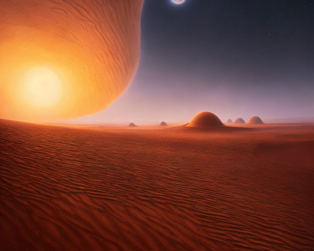 Desert landscape with sun, moon, stars, and giant planet.