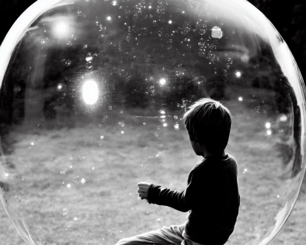 Child mesmerized by large soap bubble in sunlit park