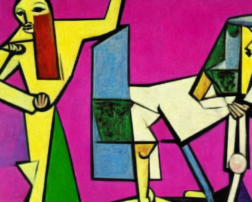 Vibrant abstract painting with geometric shapes and figures