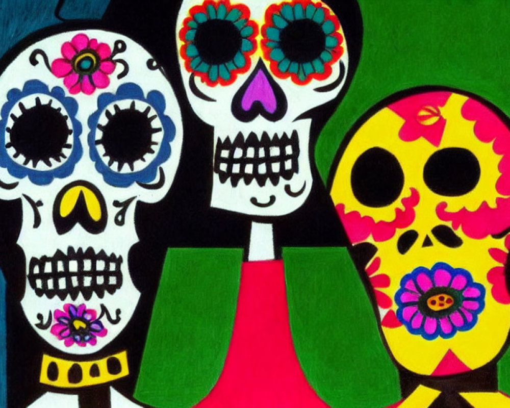 Colorful Dia de los Muertos sugar skulls with floral patterns