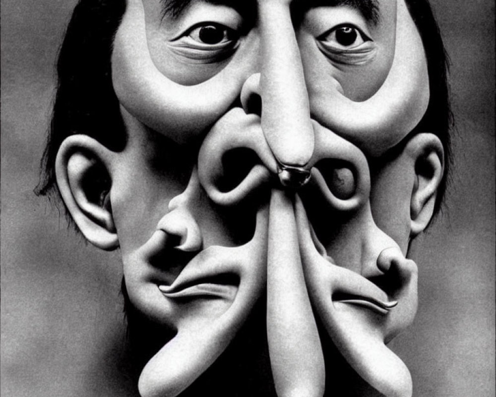 Surreal black and white portrait with contorted facial features