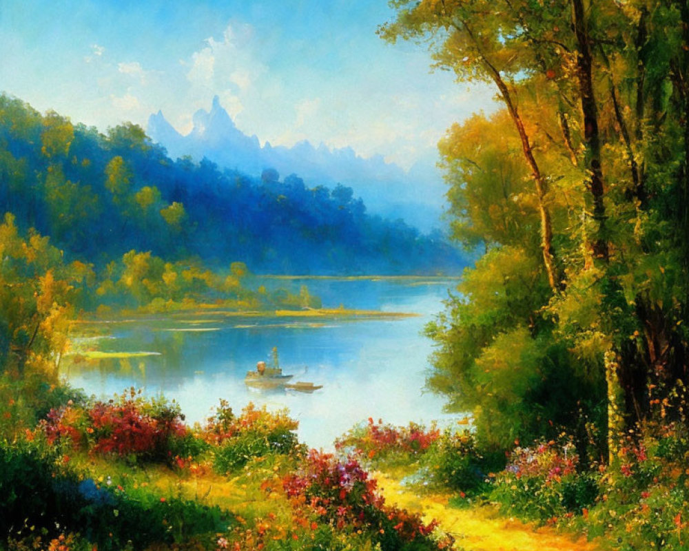 Tranquil landscape painting of sunlit forest path to serene lake