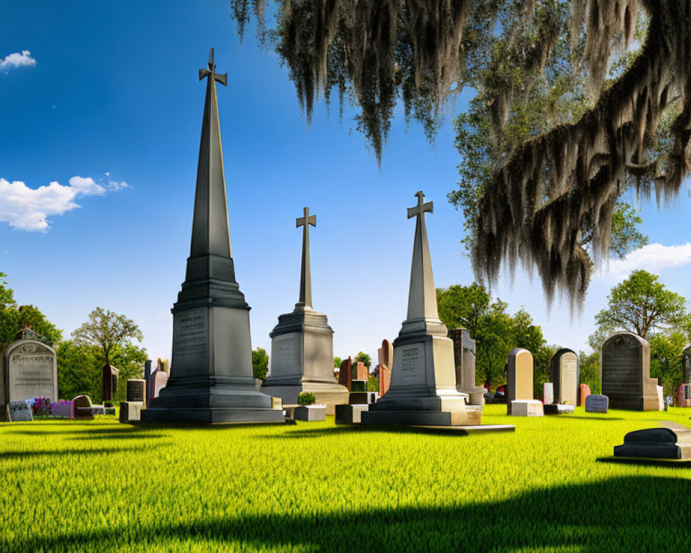 Graveyard scene with tombstones, crosses, and Spanish moss under blue sky