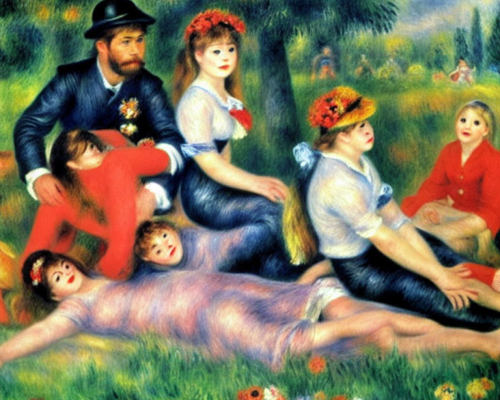 Impressionist painting: Family enjoying sunny day outdoors