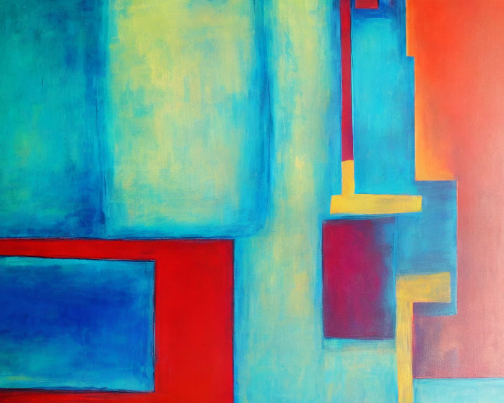 Vibrant abstract painting with blue, red, and turquoise shapes