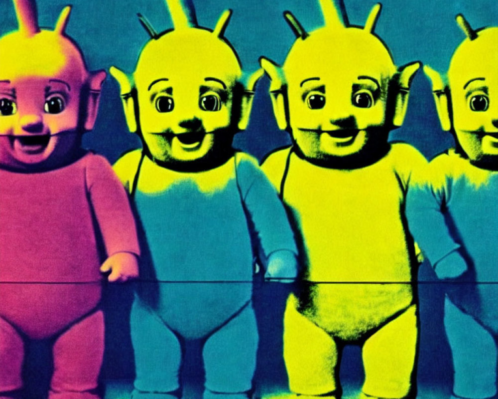Colorful Teletubbies Figures on Yellow and Blue Gradient Background