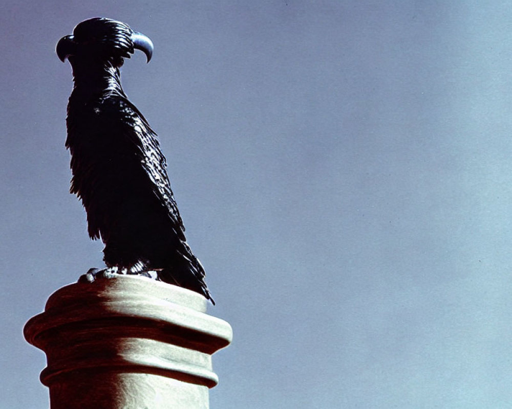 Silhouette of bird perched on cylindrical structure against blue sky