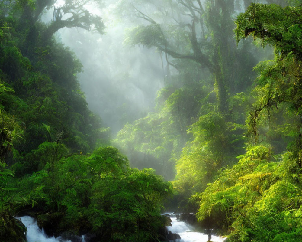 Misty sunlight in lush green forest with babbling brook