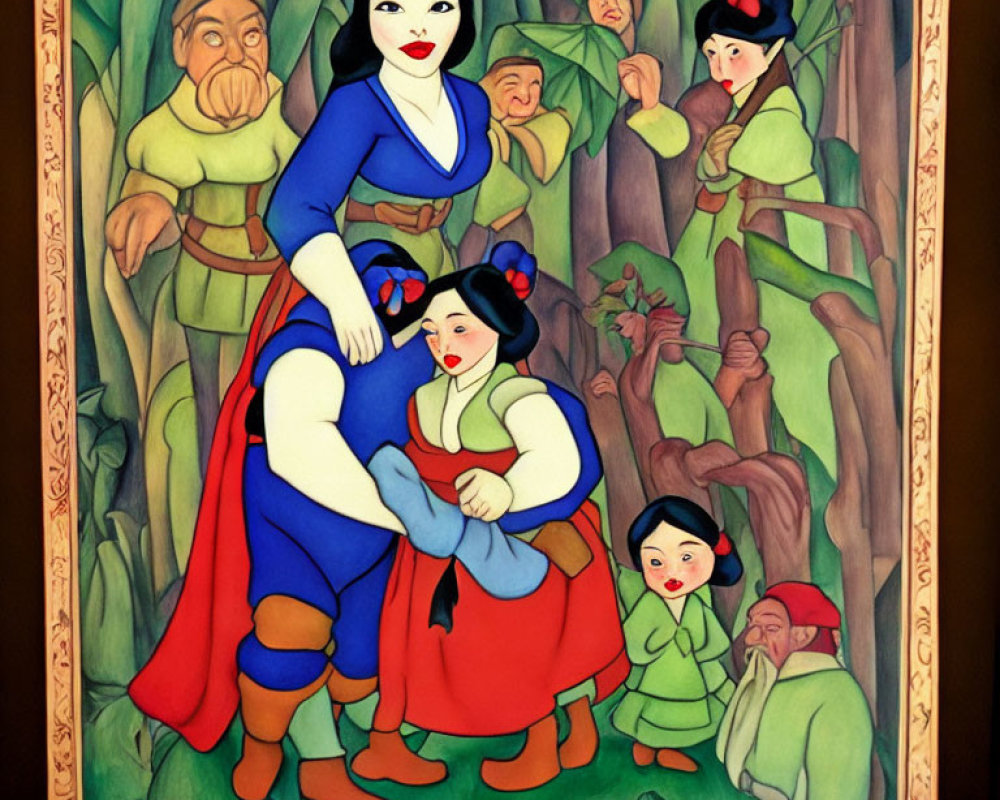 Colorful Snow White and Seven Dwarfs in Stylized Forest Setting