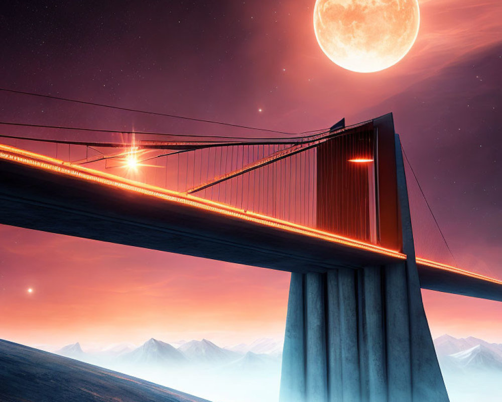 Surreal suspension bridge under full moon in starry sky over mountain landscape at dusk