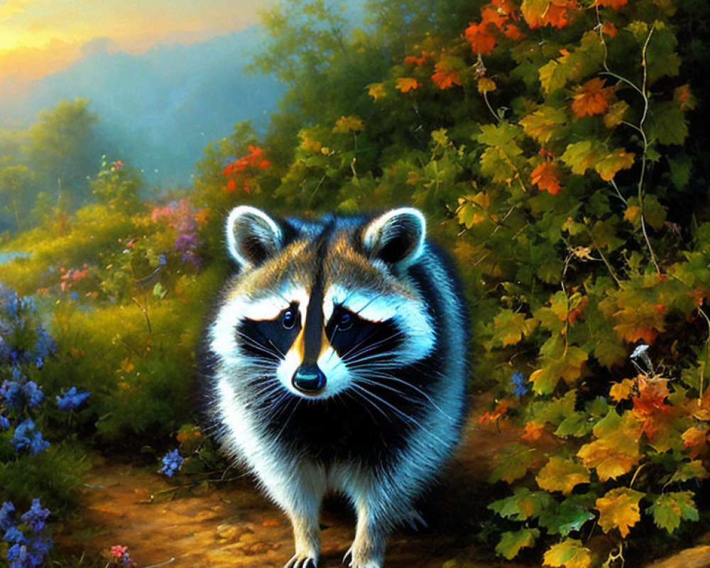 Raccoon in autumn forest with sunset landscape
