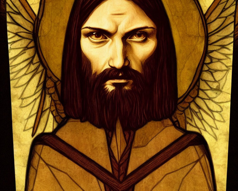 Figure with angelic wings and intense gaze on golden background