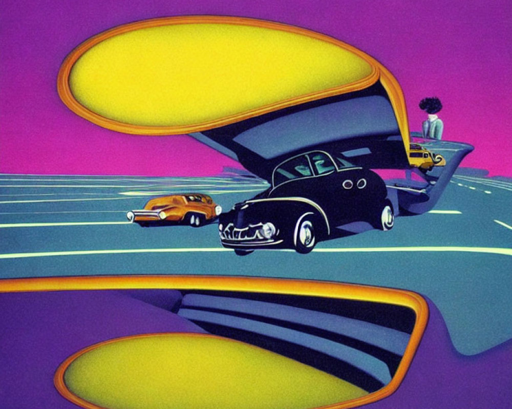 Vintage black car with open trunk and person sitting, yellow car in background, reflected in sunglasses