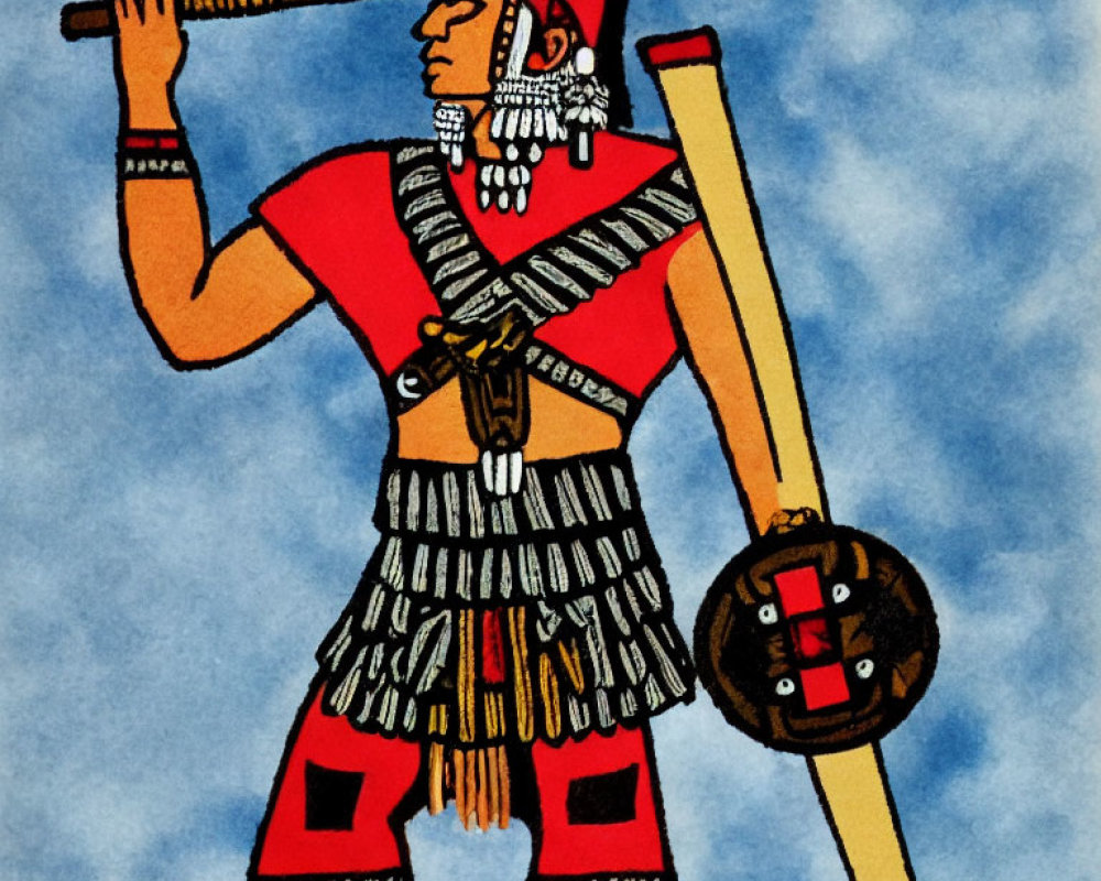 Native American warrior in traditional attire with war club and shield on blue background