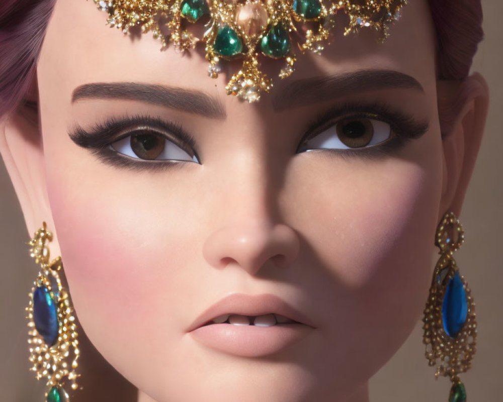 Detailed 3D-rendered female with pink hair and golden jewelry showcasing intricate earrings and headpiece with