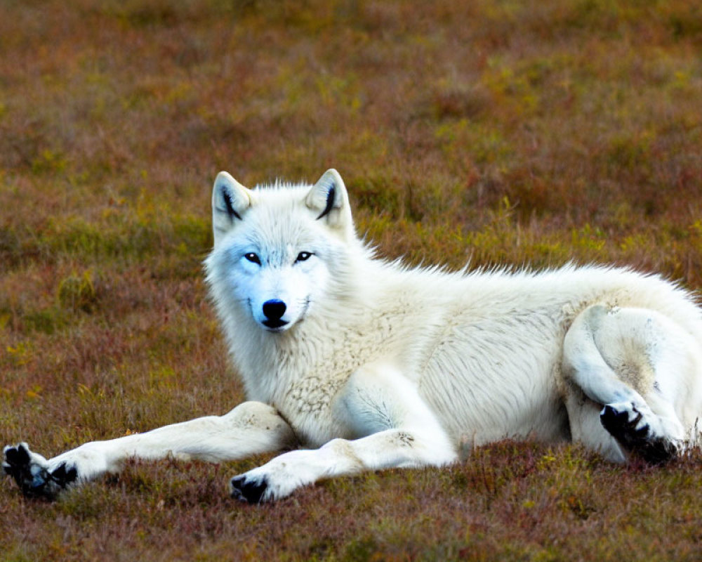 White Wolf with Blue Eyes Resting in Open Field with Ochre and Green Backdrop