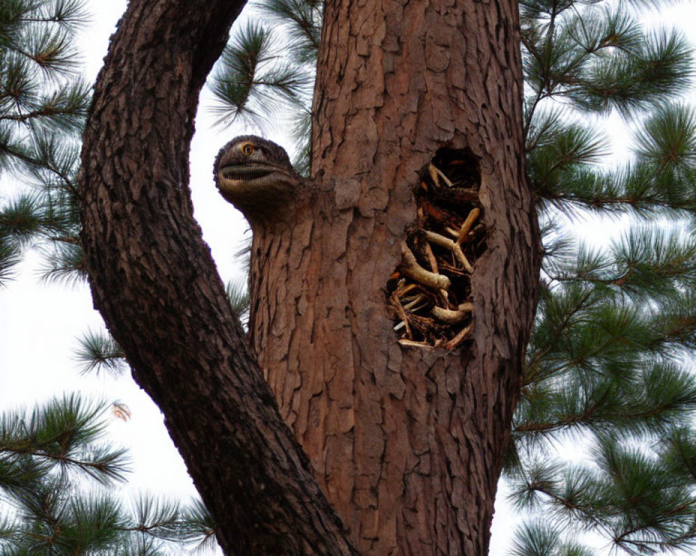 Squirrel peeking from heart-shaped hole in tree trunk among pine needles