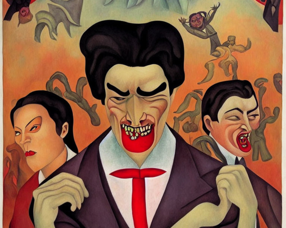 Stylized painting of three vampire-like figures and flying demons