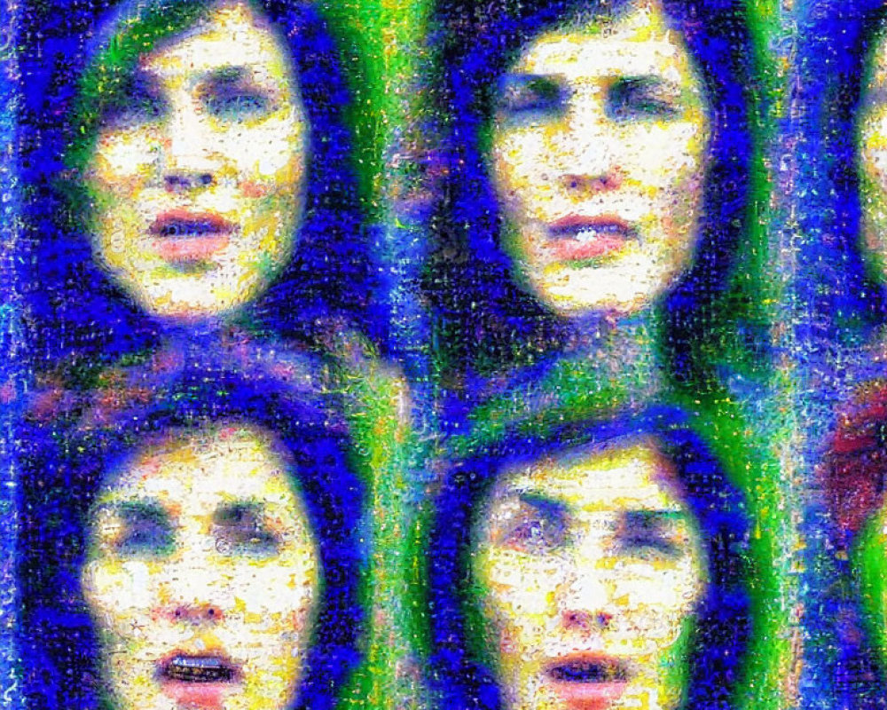 Abstract Pixelated Image of Distorted Faces in Blue, Green, and Yellow