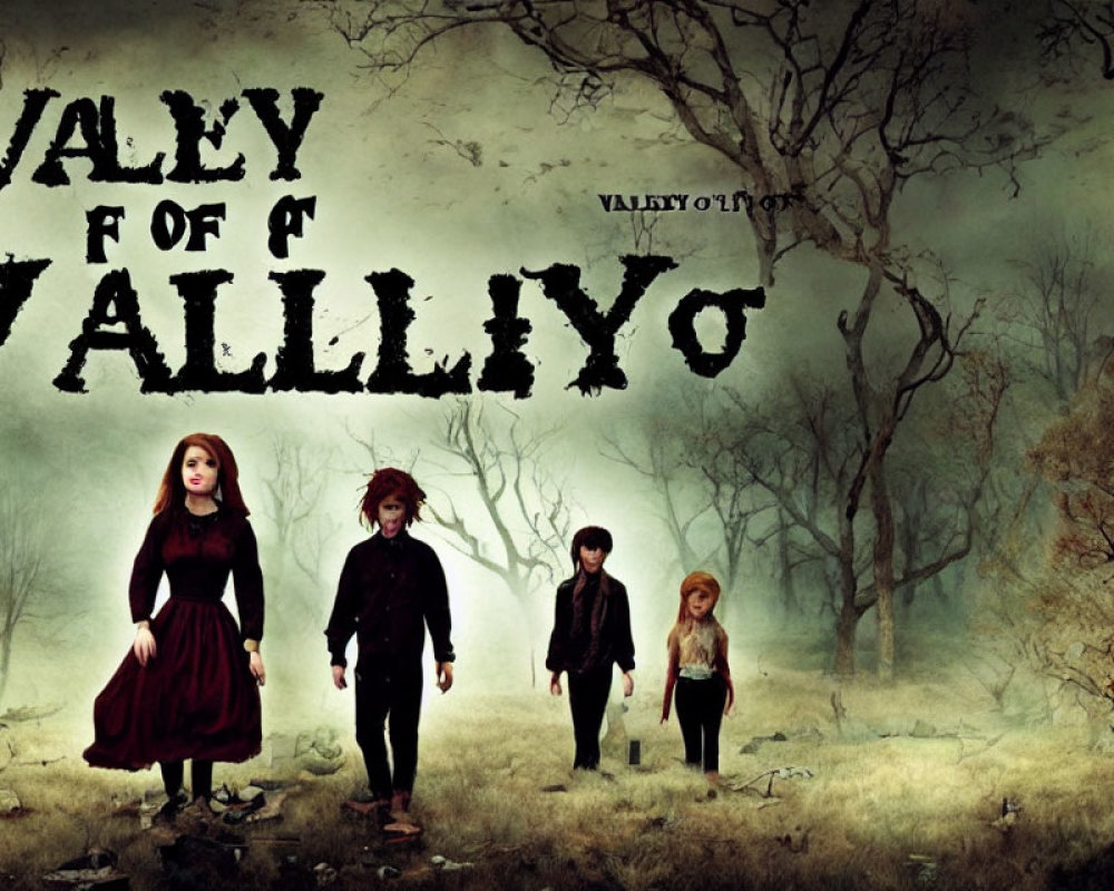 Animated characters in spooky graveyard with mist and bare trees - "Valley of V" overhead