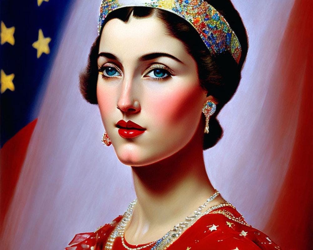 Stylized portrait of a woman in red dress with headband