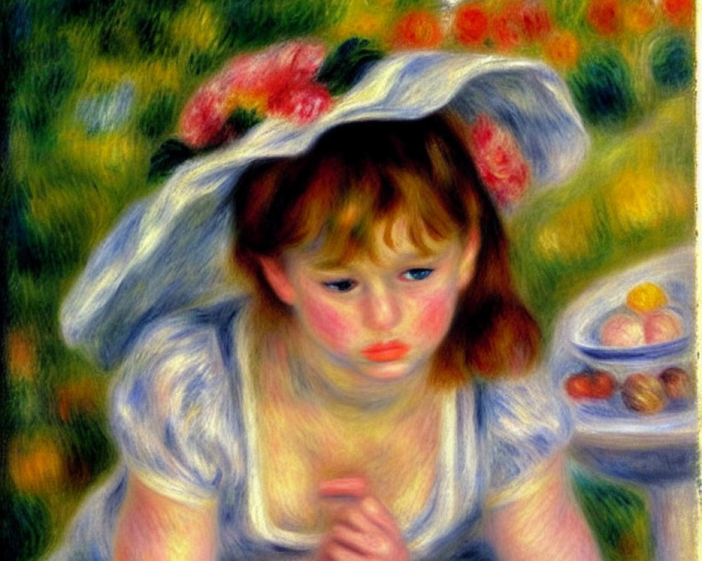 Young girl in wide-brimmed hat surrounded by impressionistic garden and fruit bowl