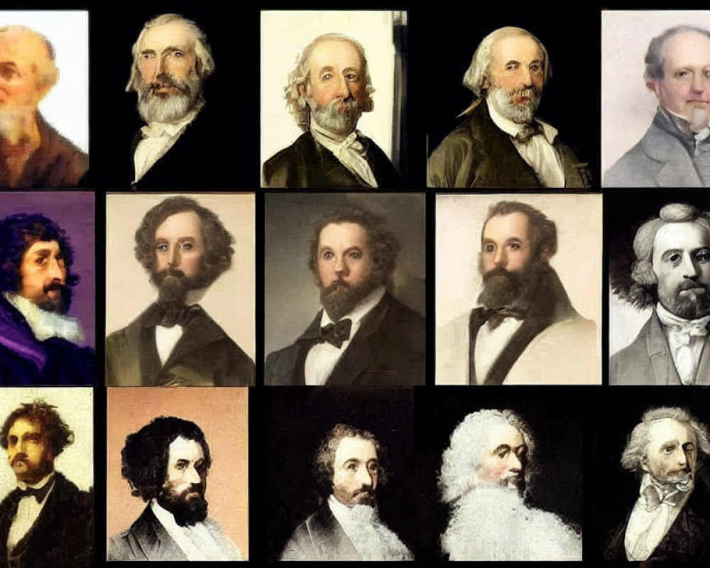 Collage of 12 historic male figures in 19th-century attire with unique facial hair