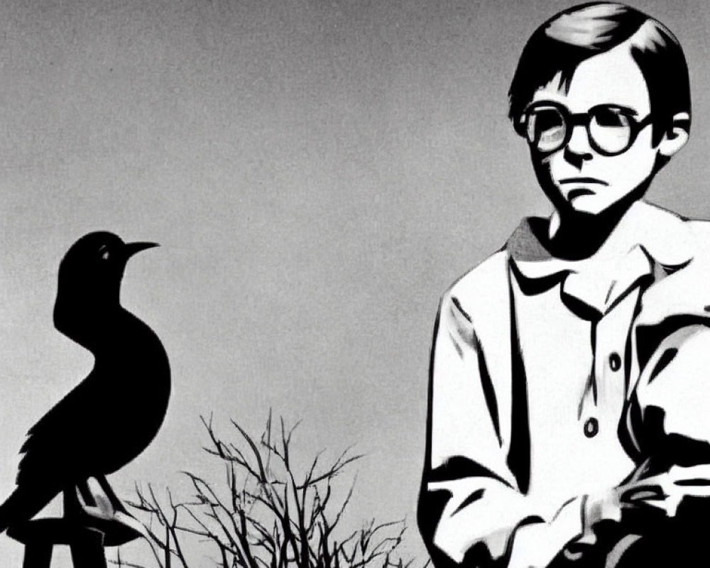 Monochrome photo of boy with glasses and crow by leafless tree