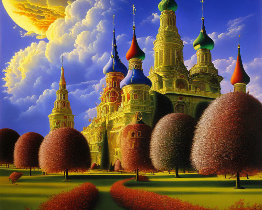 Colorful Fantasy Landscape with Onion-Domed Towers and Moonlit Sky