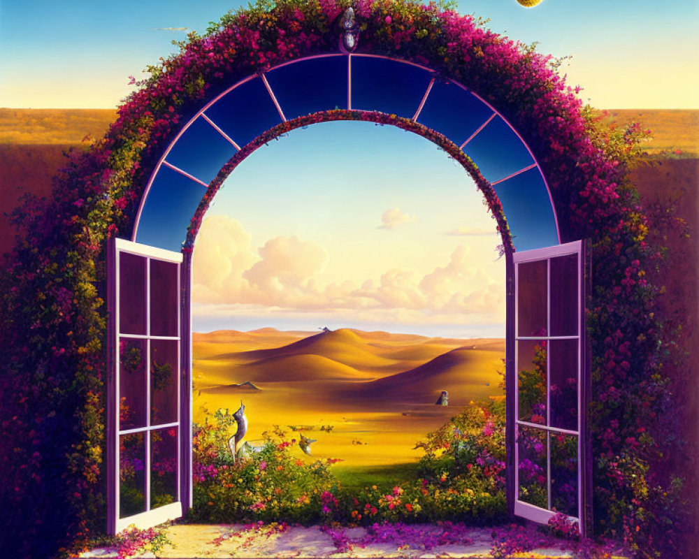 Arched doorway with flowers opens to desert landscape at twilight