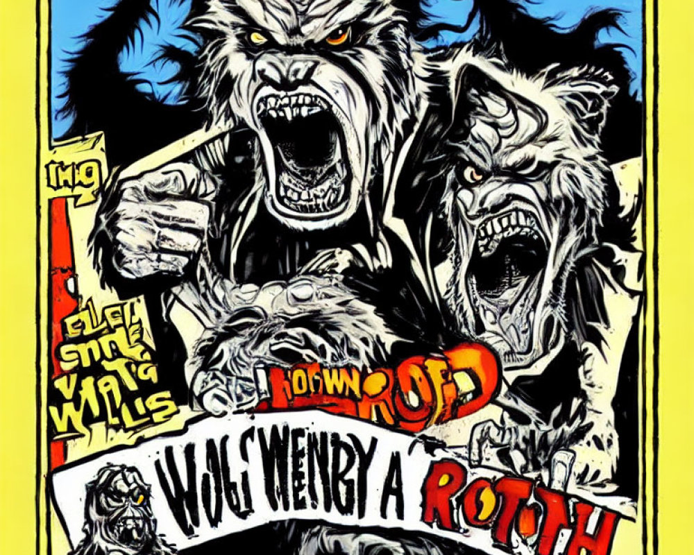 Detailed Graphic of Three Ferocious Werewolves with Yellow Border