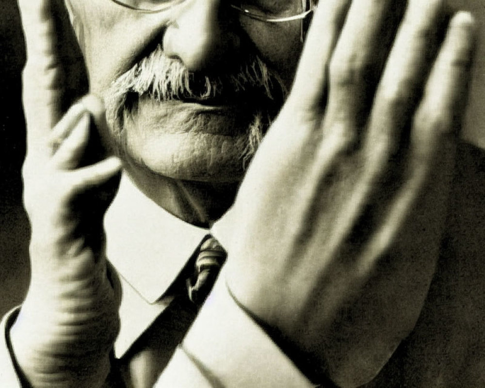 Sepia-toned close-up photo of man with mustache, glasses, tie, and suit covering
