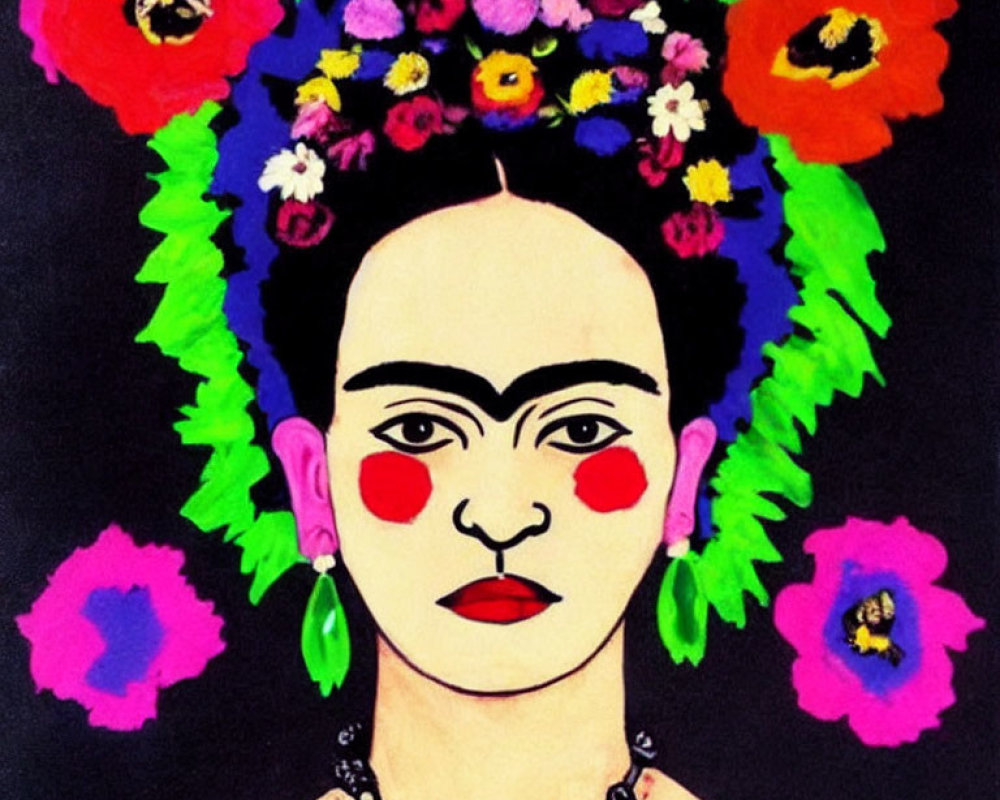 Colorful portrait of woman with floral headpiece and red cheeks on black background.