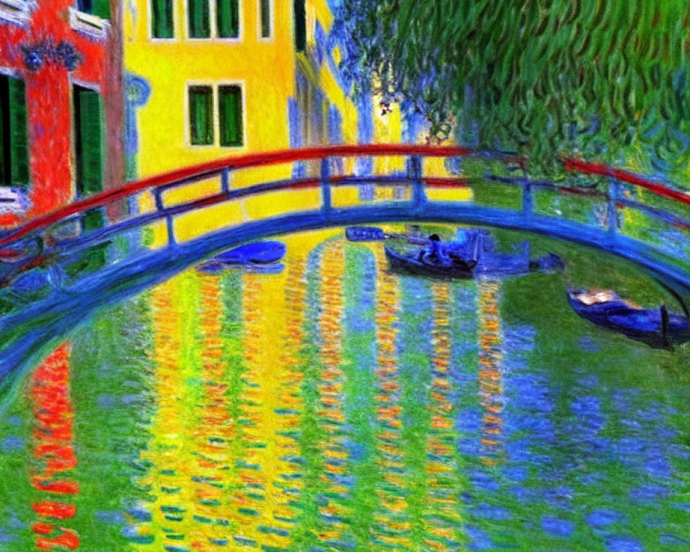 Vibrant impressionist painting of bridge over water with ducks and buildings