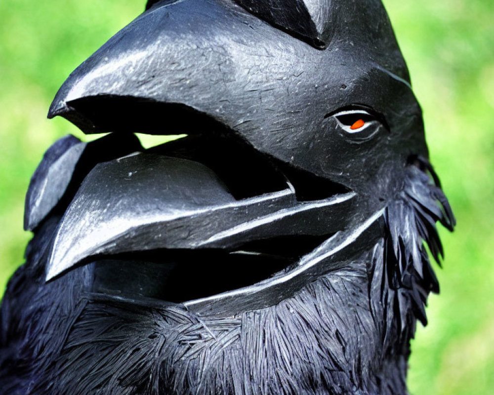 Detailed Raven Mask with Orange Eye on Green Background