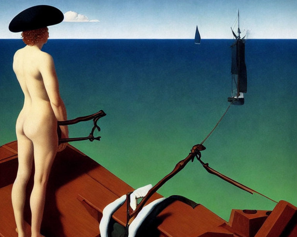 Surrealist painting: Nude female figure on dock with sailboat and male torso.