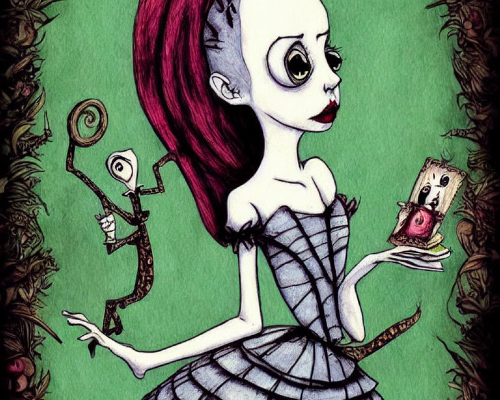 Gothic-style red-haired girl with quirky creatures and animated apple illustration