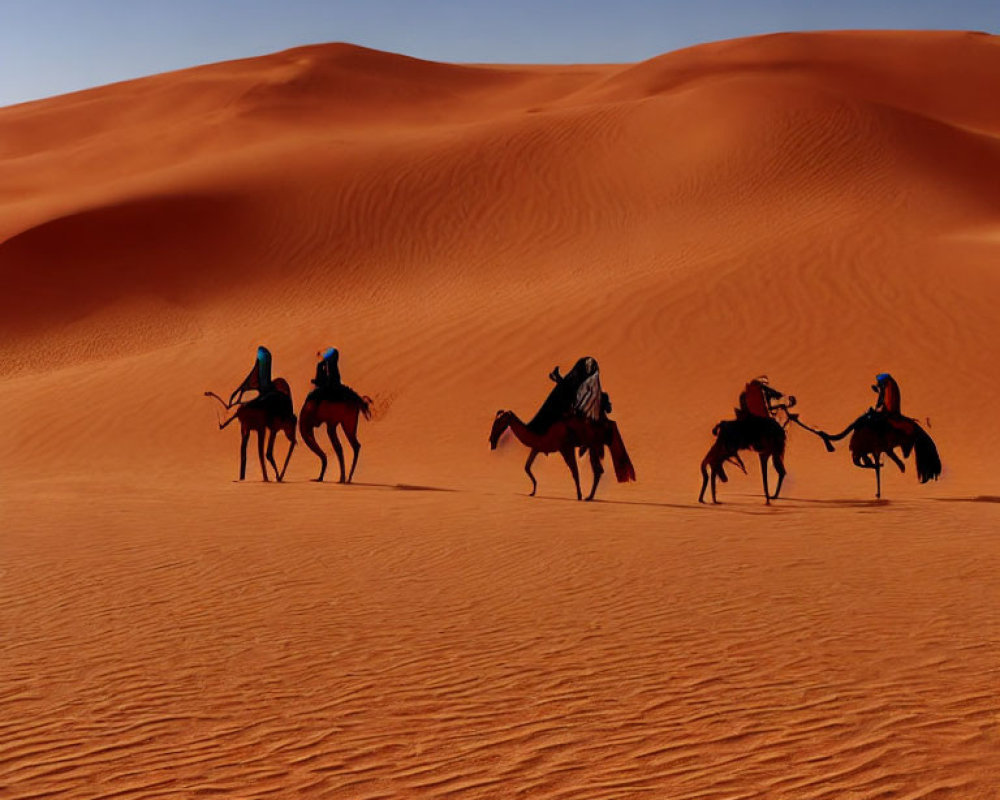 Camel caravan crossing vast desert with sand dunes under clear sky