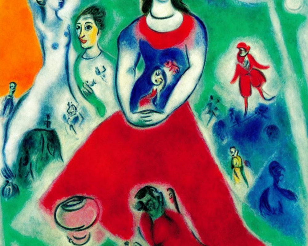 Colorful painting of central figure in red dress with child, surrounded by abstract figures in dream-like landscape
