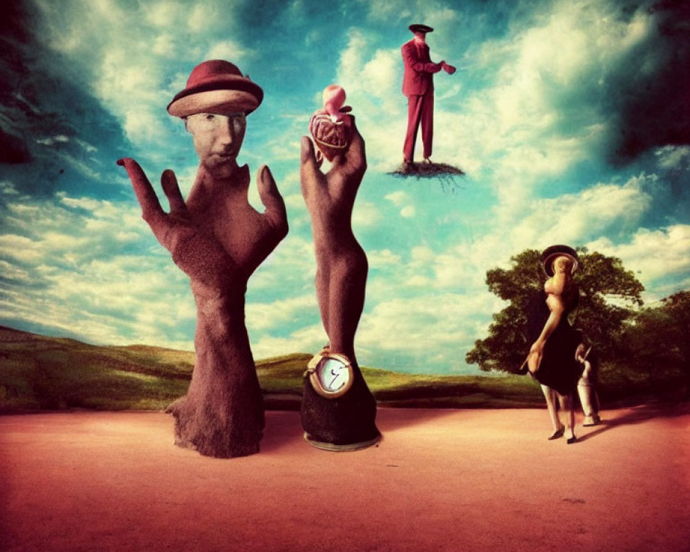 Surrealistic scene: large hands, apple, clock, elongated figures with hats in pastoral