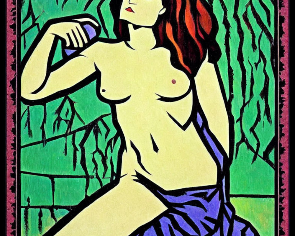 Stylized painting of red-haired nude female figure with blue drape on green background