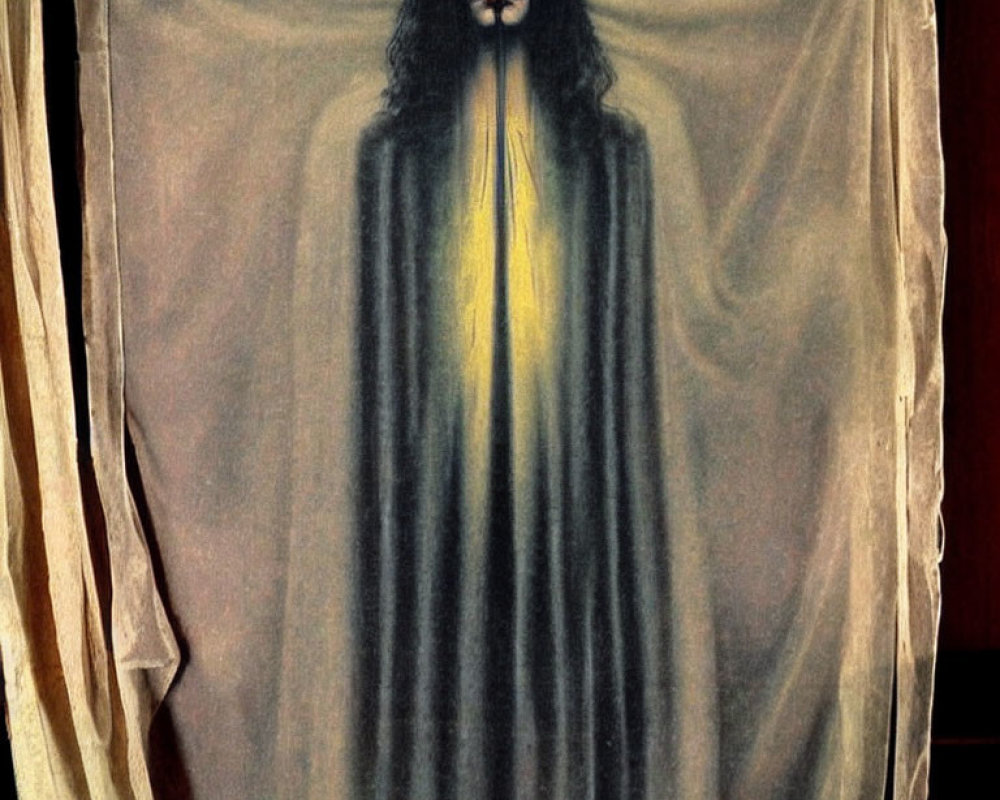 Figure with Long Dark Hair and Mustache in Yellow Light Against Draped Background