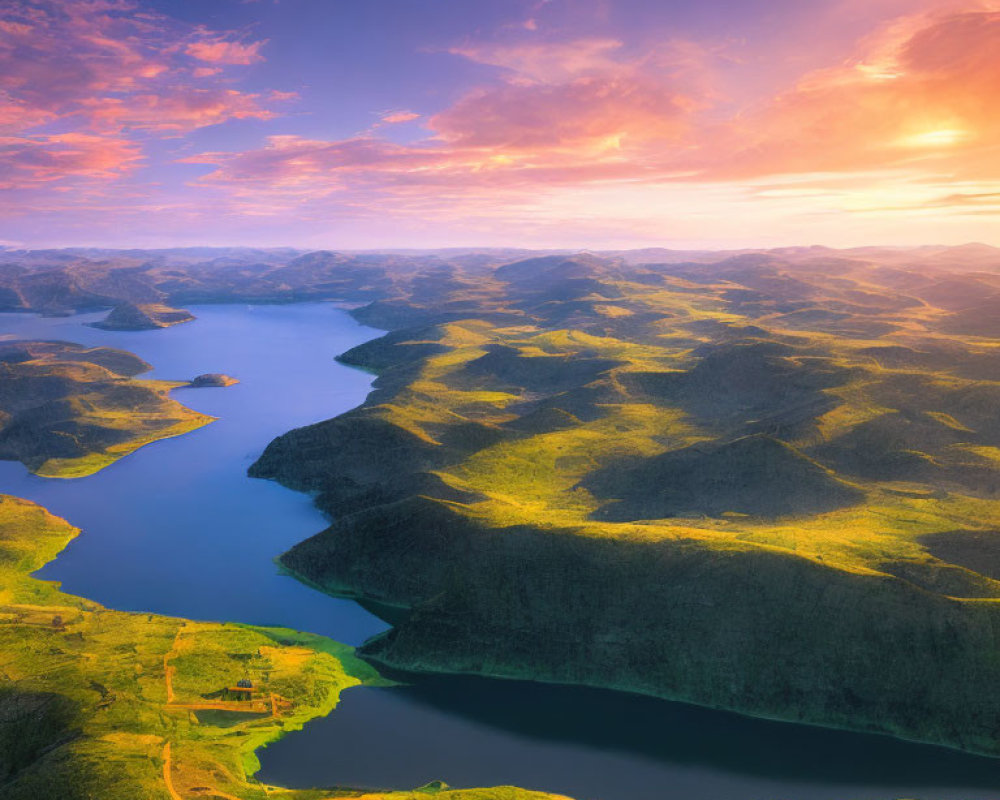 Serpentine River Meandering Through Green Hills at Sunset