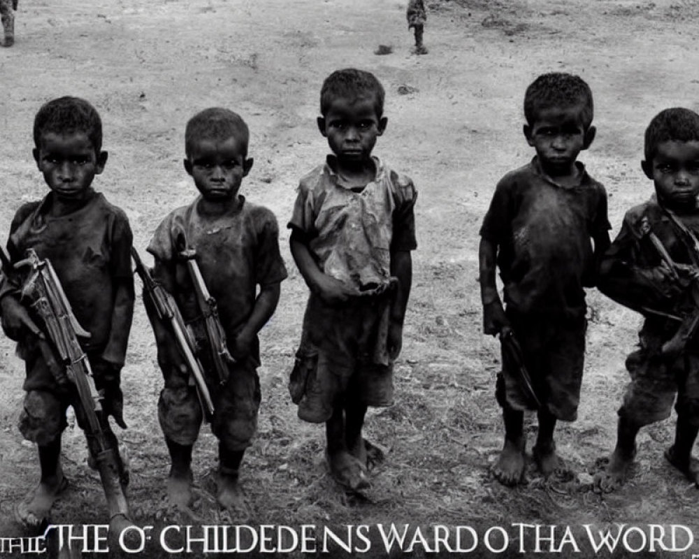 Four children with dirt on skin, holding toy guns, blurry text overlay