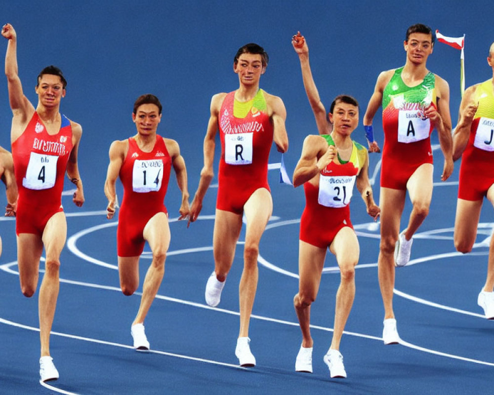 Male athletes in red uniforms sprinting on blue track