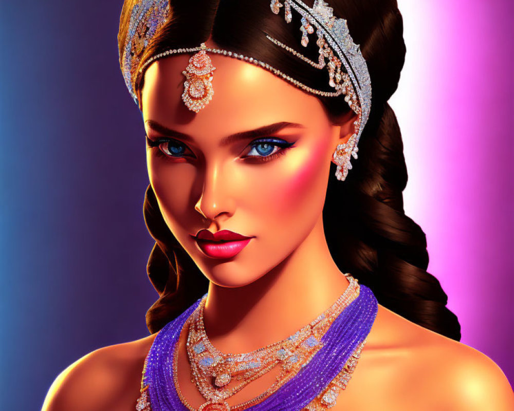 Illustrated woman with blue eyes in diamond jewelry on gradient background