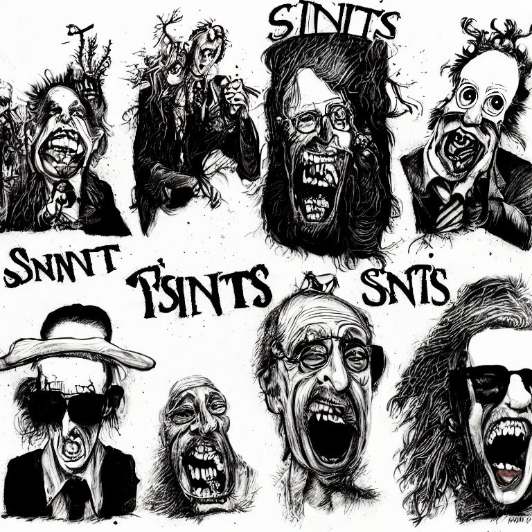 Illustration of eight exaggerated caricature faces with "SINITS" in distorted styles
