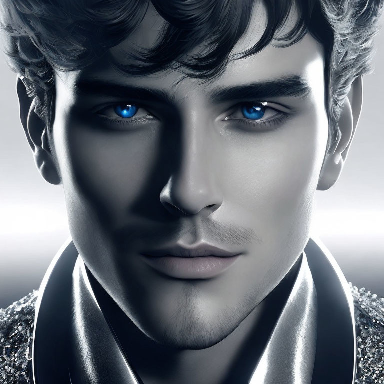 Male figure with blue eyes and silver outfit in digital art.